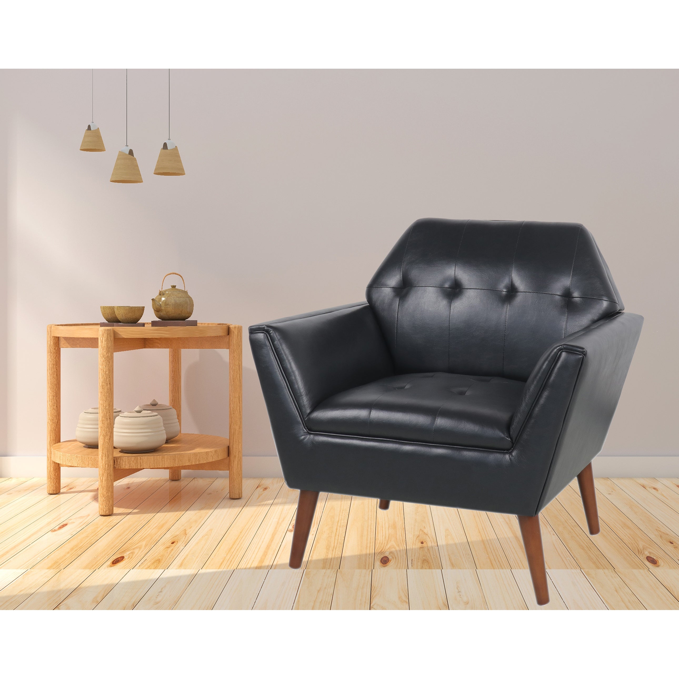 Trapezoid PU Leather Accent Chair Padded Seat Arm Chairs with birch Wood Legs