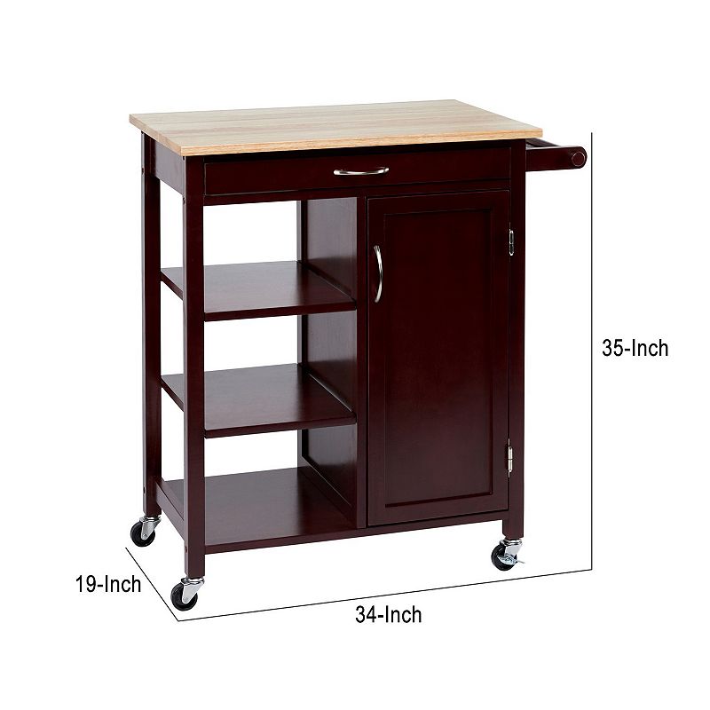 35 Inch Handcrafted Rubberwood Kitchen Island Bar Cart， 3 Shelves， 1 Cabinet， Caster Wheels， Espresso Brown