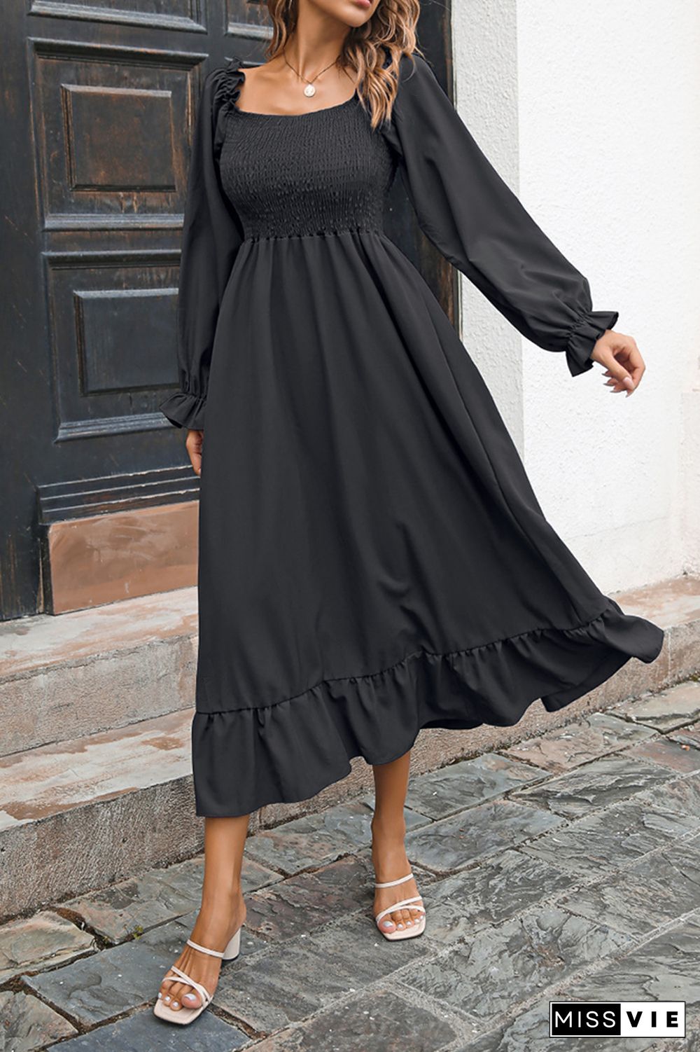 Smocked Square Neck Ruffles Maxi Dress