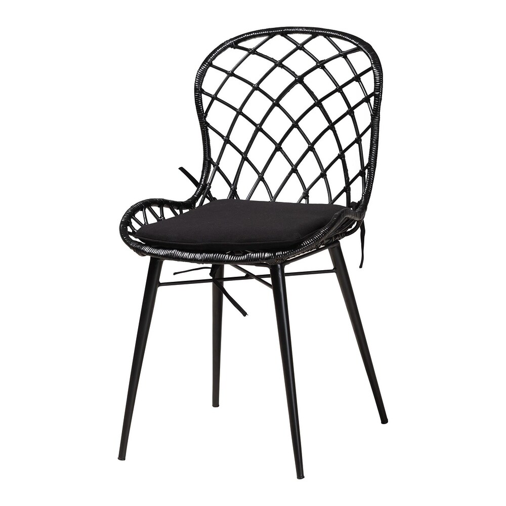 Aniceta Modern Bohemian Black Finished Wood and Rattan 7 Piece Dining Set