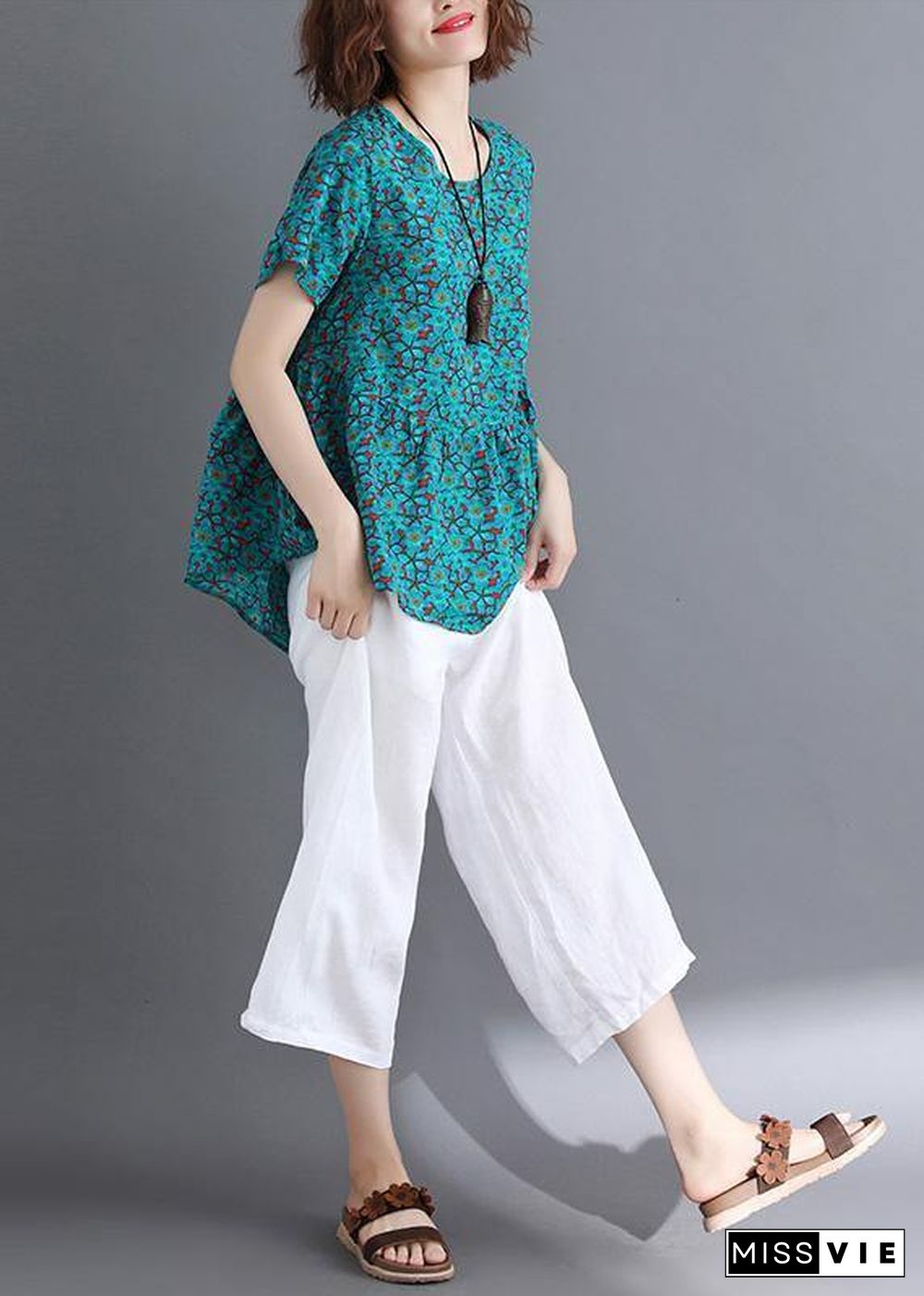 Sold Out-Bohemian o neck Cinched cotton shirts Wardrobes green print blouse summer