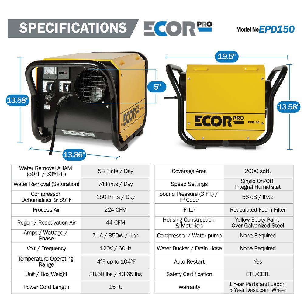 Ecor Pro 150 Pint Portable Industrial Desiccant Dehumidifier for Basement Crawl Space Whole House and Warehouses - Yellow EPD150