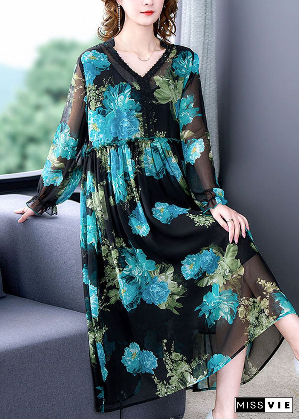 Italian Blue V Neck Ruffled Print Patchwork Chiffon Mid Dress Long Sleeve