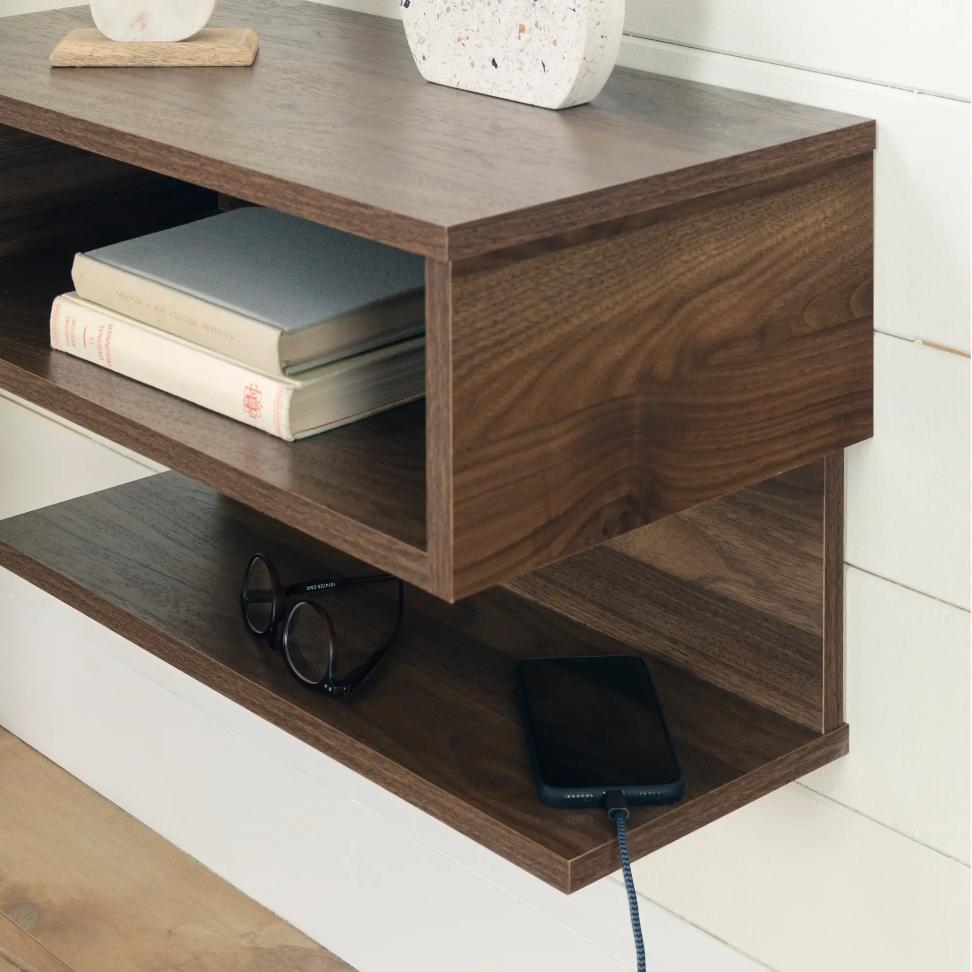 Walnut Floating Nightstand- Sazena