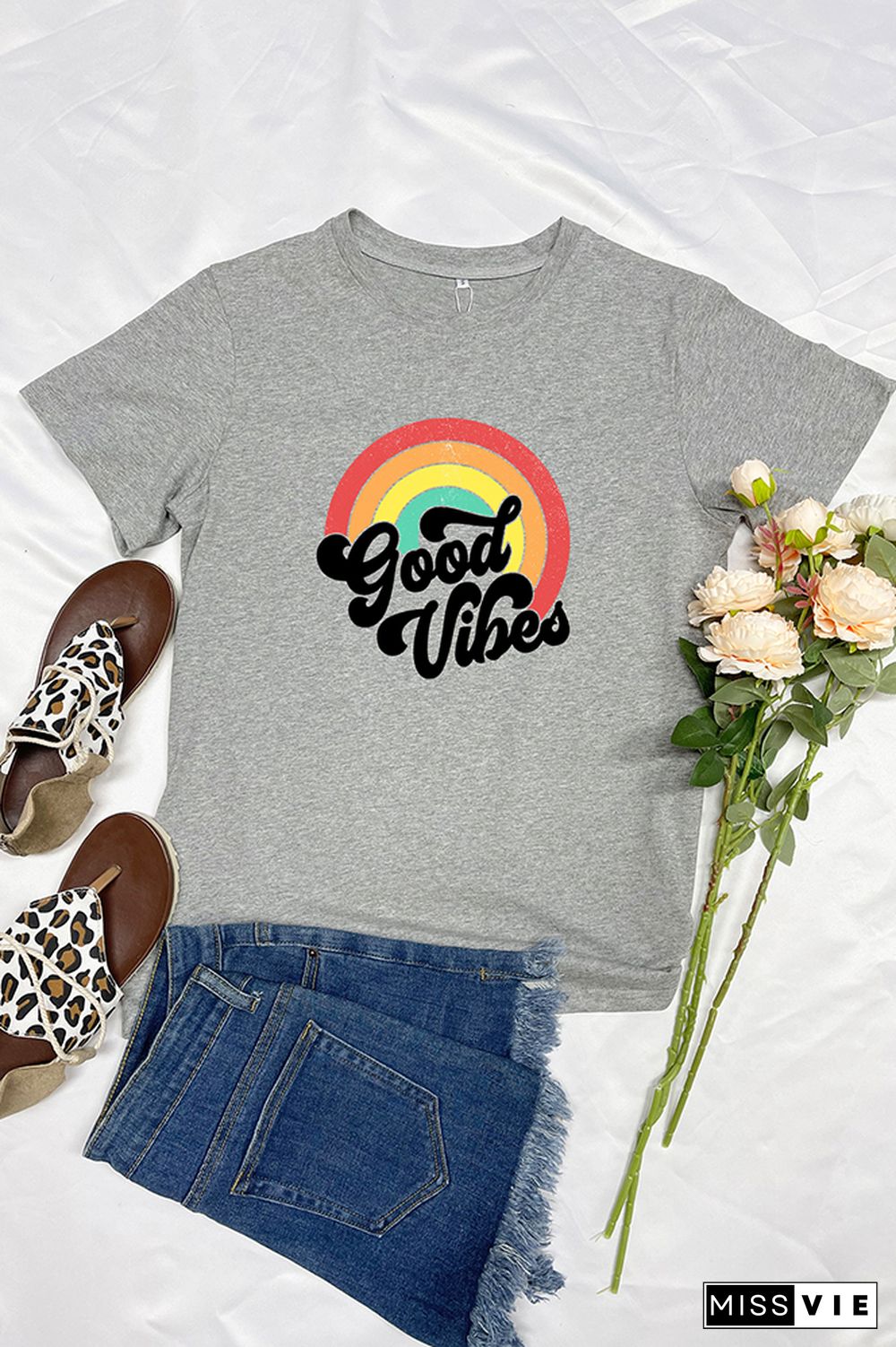 Good Vibes Vintage Rainbow Short Sleeve Graphic Tee Wholesale