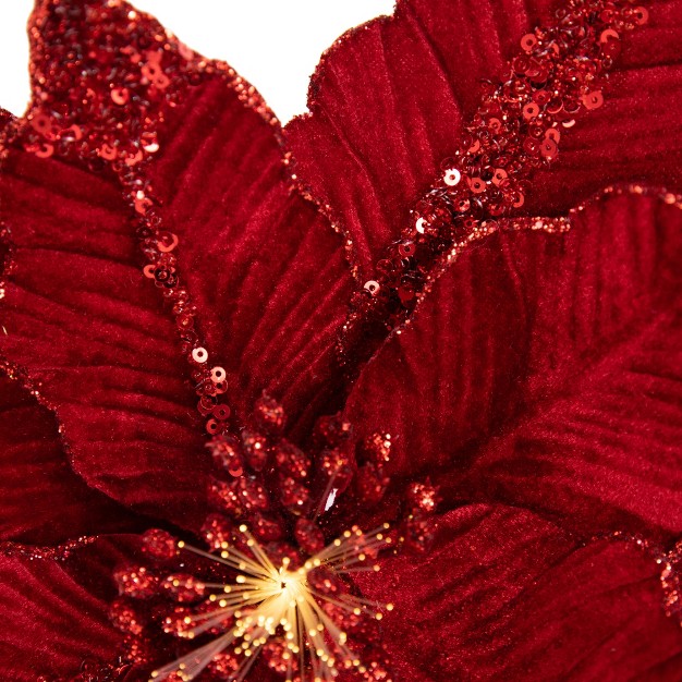 Lighted Red Velvet Poinsettia Christmas Stem Spray