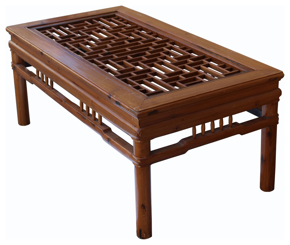 Rectangular Glass Top Coffee Table With Chinese Old Windows Panel Design   Asian   Coffee Tables   by Golden Lotus Antiques  Houzz