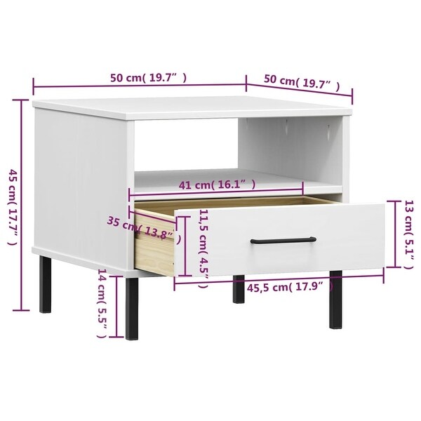 vidaXL Solid Wood Pine Bedside Table with Metal Legs OSLO Desk Multi Colors - 19.7