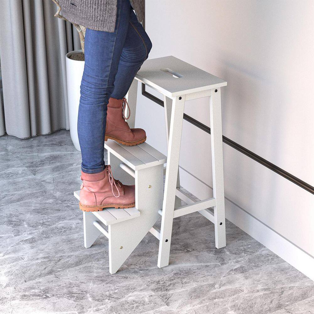 WELLFOR 3-In-1 3-Step Rubber Wood Folding Step Stool 200 lbs. with Convenient Handle in White JV10235-HGY-WH