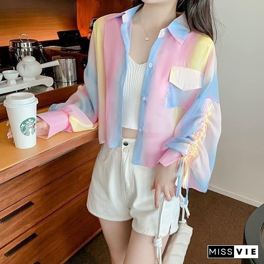 Casual Rainbow Print Drawstring Sleeve Crop Shirt