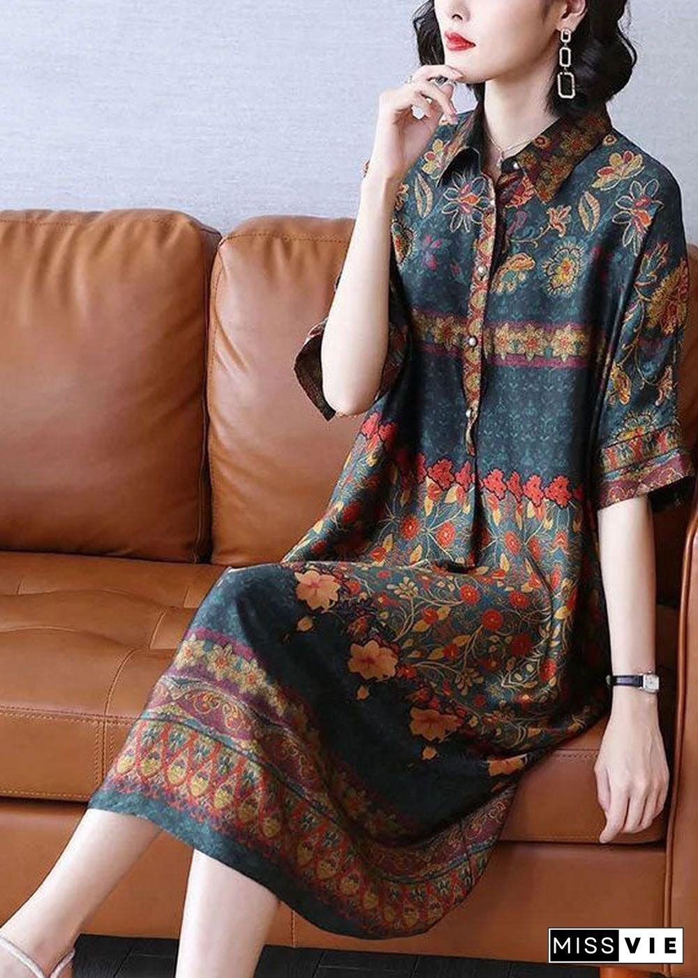 French Peter Pan Collar Print Silk Maxi Dresses Summer