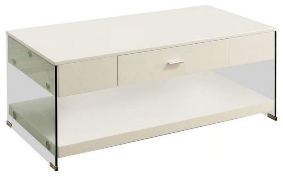 Stub 47 Inch Coffee Table Glossy White Wood Glass Side Panels 1 Drawer   Coffee Tables   by Dot  ampBo  Houzz