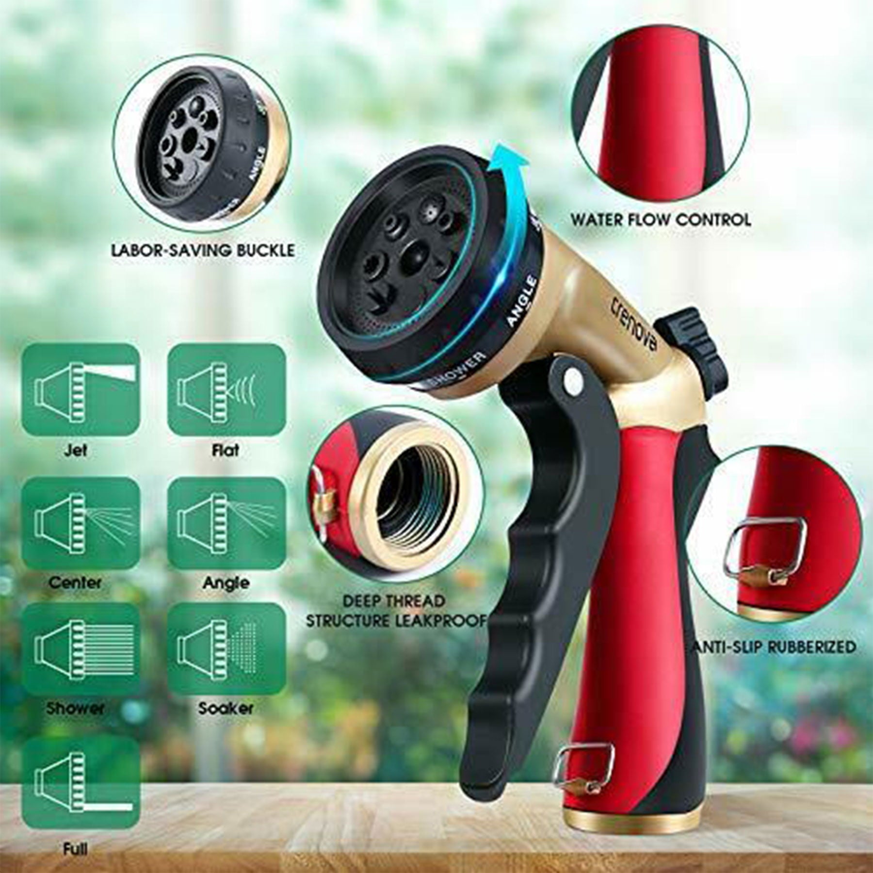 Garden Hose Nozzle， Metal Water Car Wash Hose Nozzle Sprayer with Flow Control， Non-slip Rubber Coated for Winter， RED