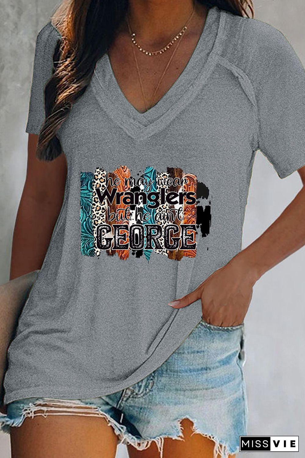 V Neck Western Print Graphic Tee