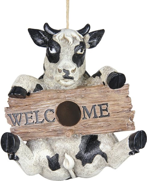 Exhart Hand Painted Cow with Welcome Sign Hanging Resin Bird House