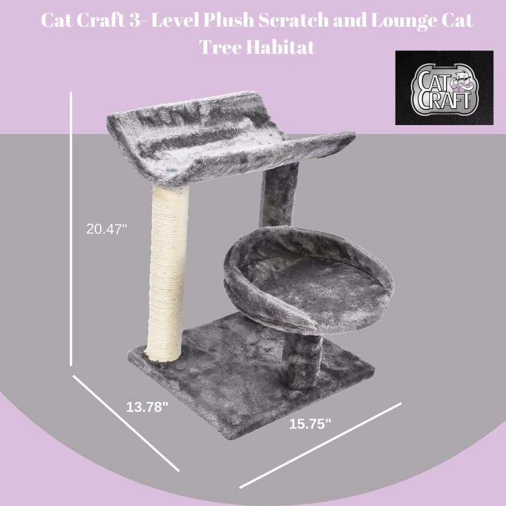 CAT CRAFT 3-Level Plush Scratch and Lounge Cat Tree Habitat, Gray 40538