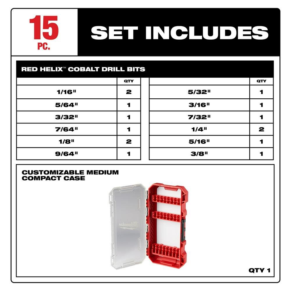 MW RED HELIX Cobalt Drill Bit Set 15pc 48-89-2370 from MW