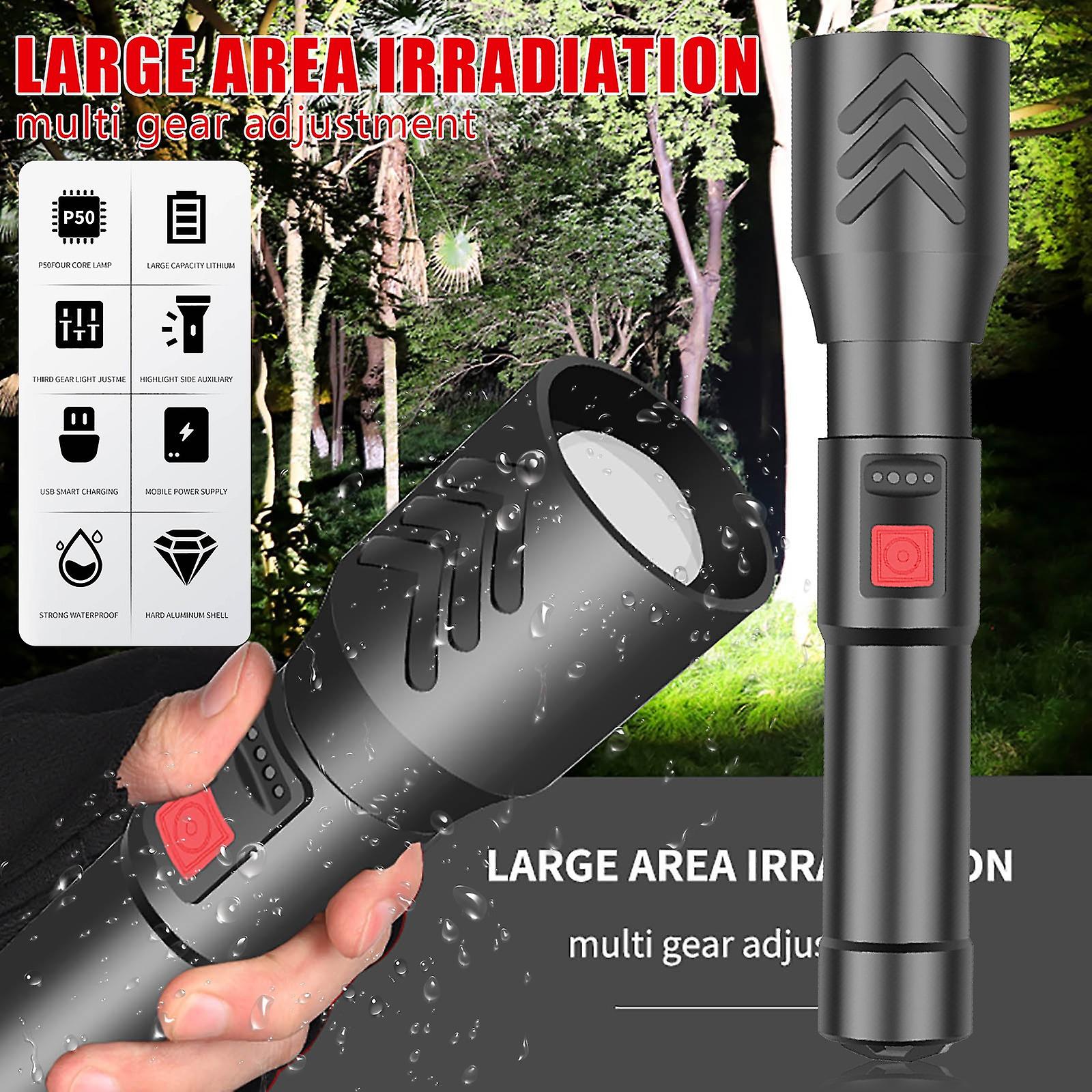 Xhp50 1000 Lumens Led Flashlight Built-in Battery Torch Usb Light Charging Flashlight With Zoomable Power Display