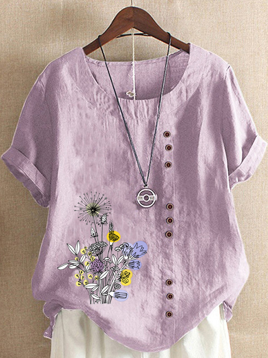 Casual Floral Print Crew Neck Short Sleeve Blouse