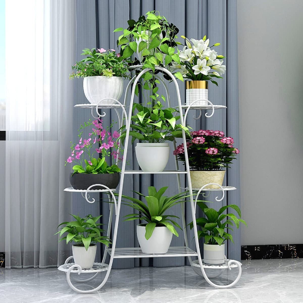 Flkoendmall 9 Tier Metal Plant Stand Garden Decor Planter Holder Flower Pot Shelf Rack White