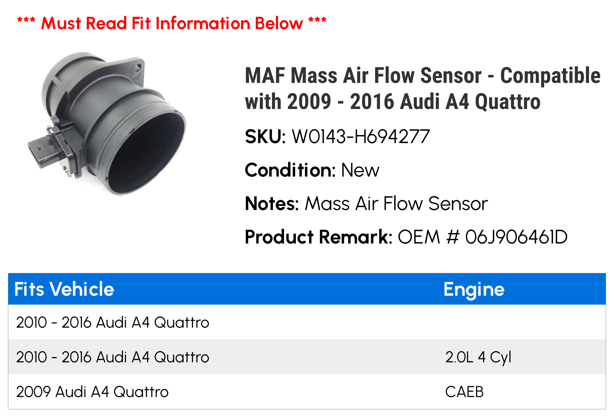 MAF Mass Air Flow Sensor - Compatible with 2009 - 2016 Audi A4 Quattro 2010 2011 2012 2013 2014 2015