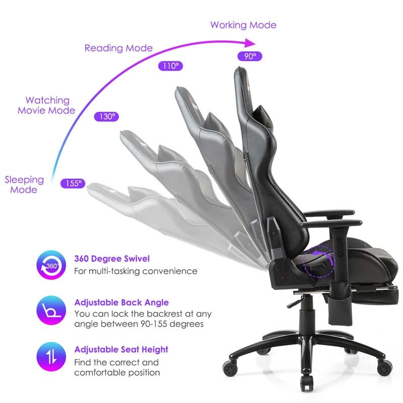 Massage Gaming Chair, Adjustable Ergonomic High-Back E-Sports Racing Chair, Swivel Office PC Chair with Footrest & Lumbar Support