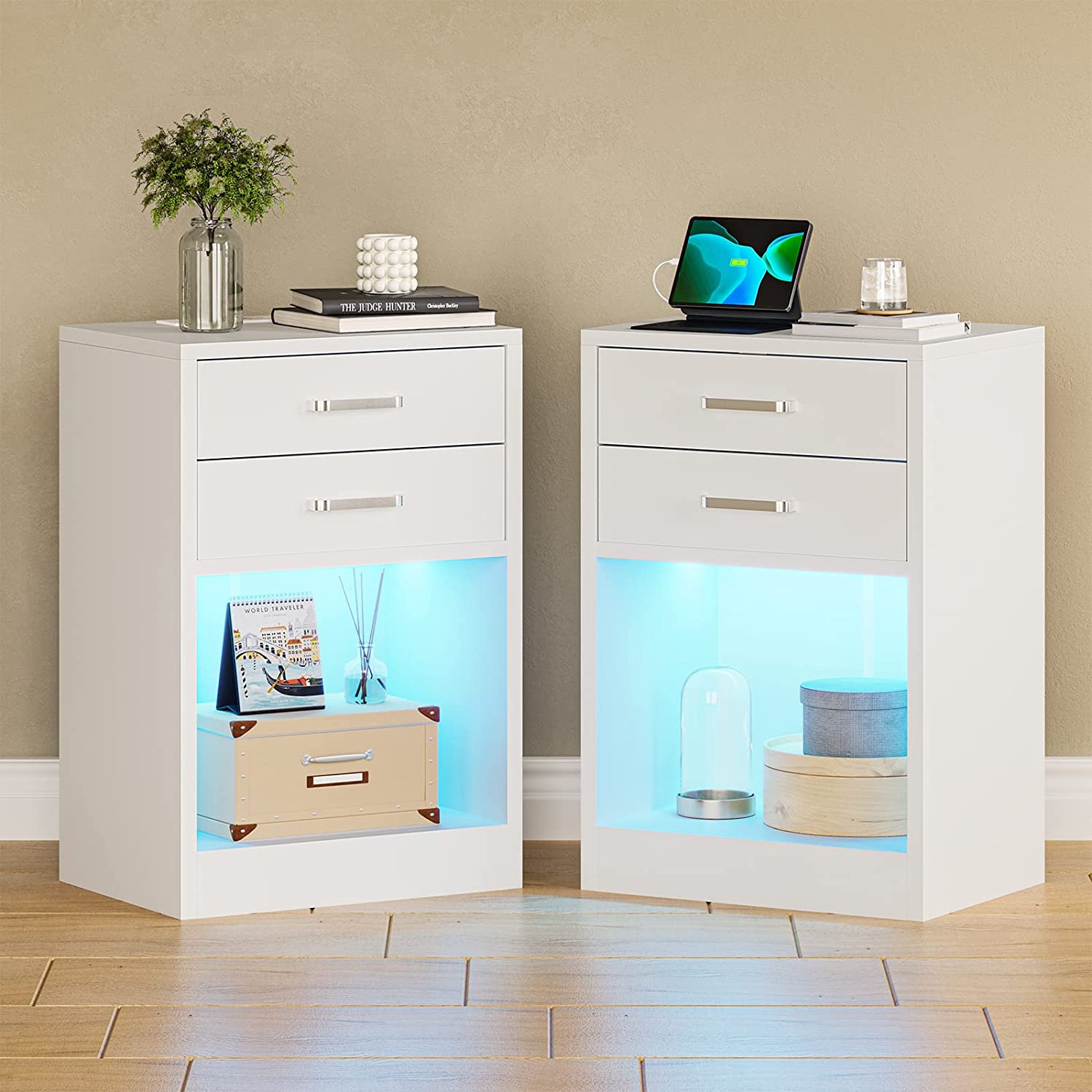 ADORNEVE LED Nightstands Set of 2,Nightstand with Charging Station and LED Lights,White Bedside Table with Power Outlets & Drawers