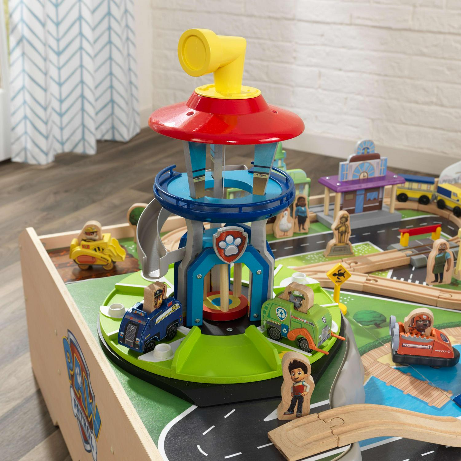 KidKraft PAW Patrol Adventure Bay Wooden Play Table with Rotating Lookout Tower， 73 Pieces