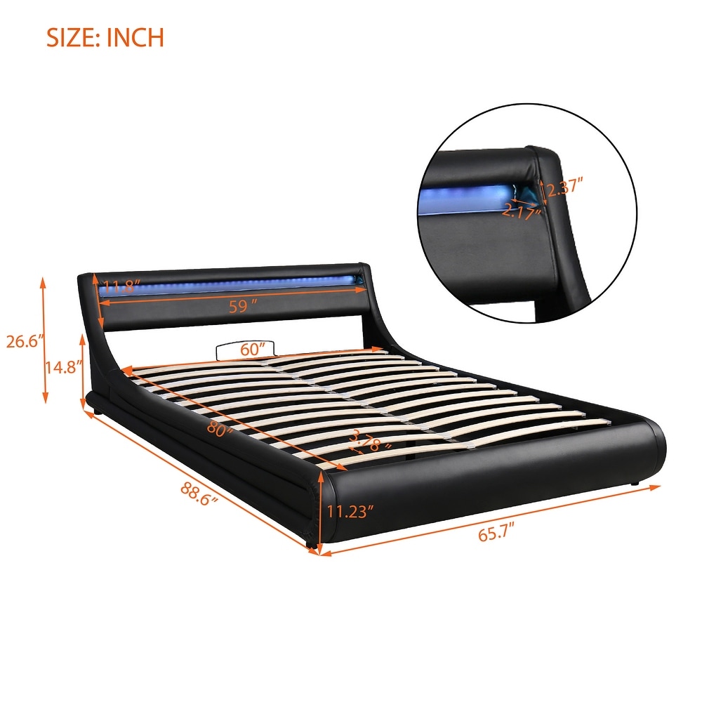 Queen Size Faux Leather Upholstered Platform Bed with Hydraulic Storage System   LED Light Headboard