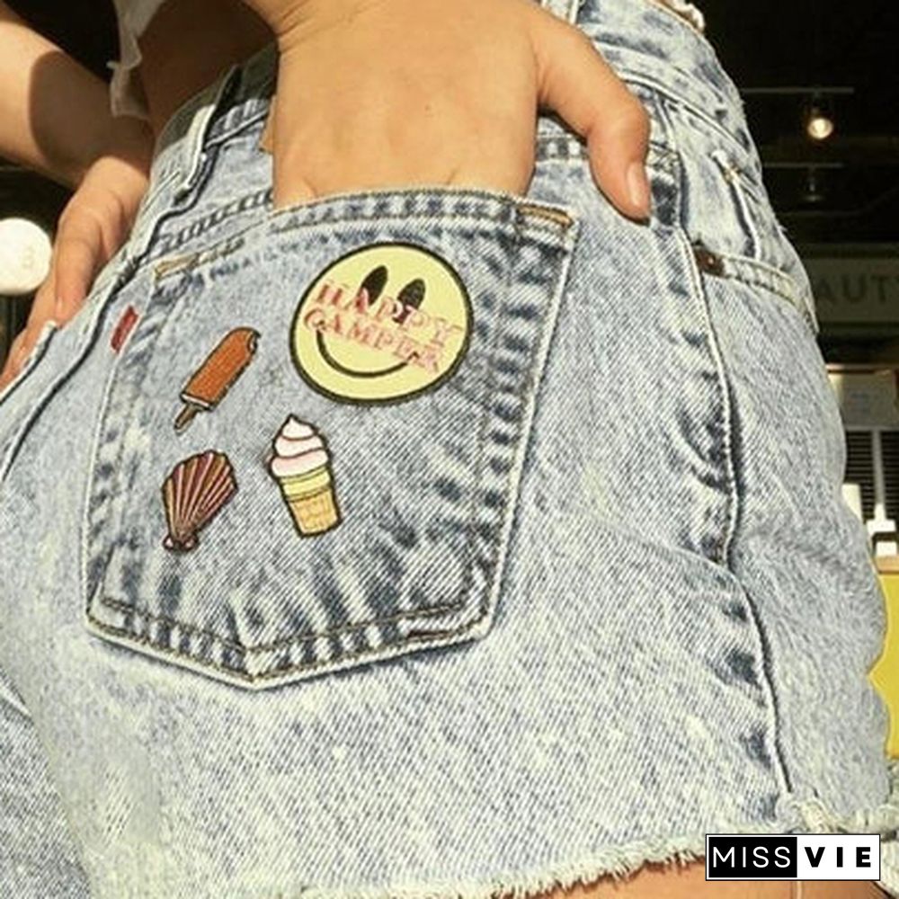 Smiley Print Loose Washed Frayed Denim Shorts