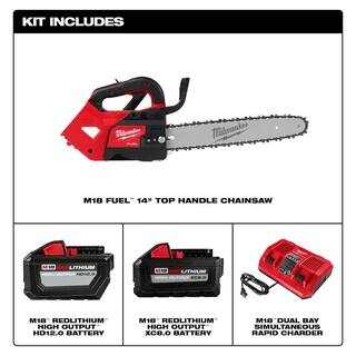 MW M18 FUEL 14 in. 18V Lithium-Ion Brushless Battery Top Handle Chainsaw Kit with 8.0 Ah 12 Ah Battery  Rapid Charger 2826-22T