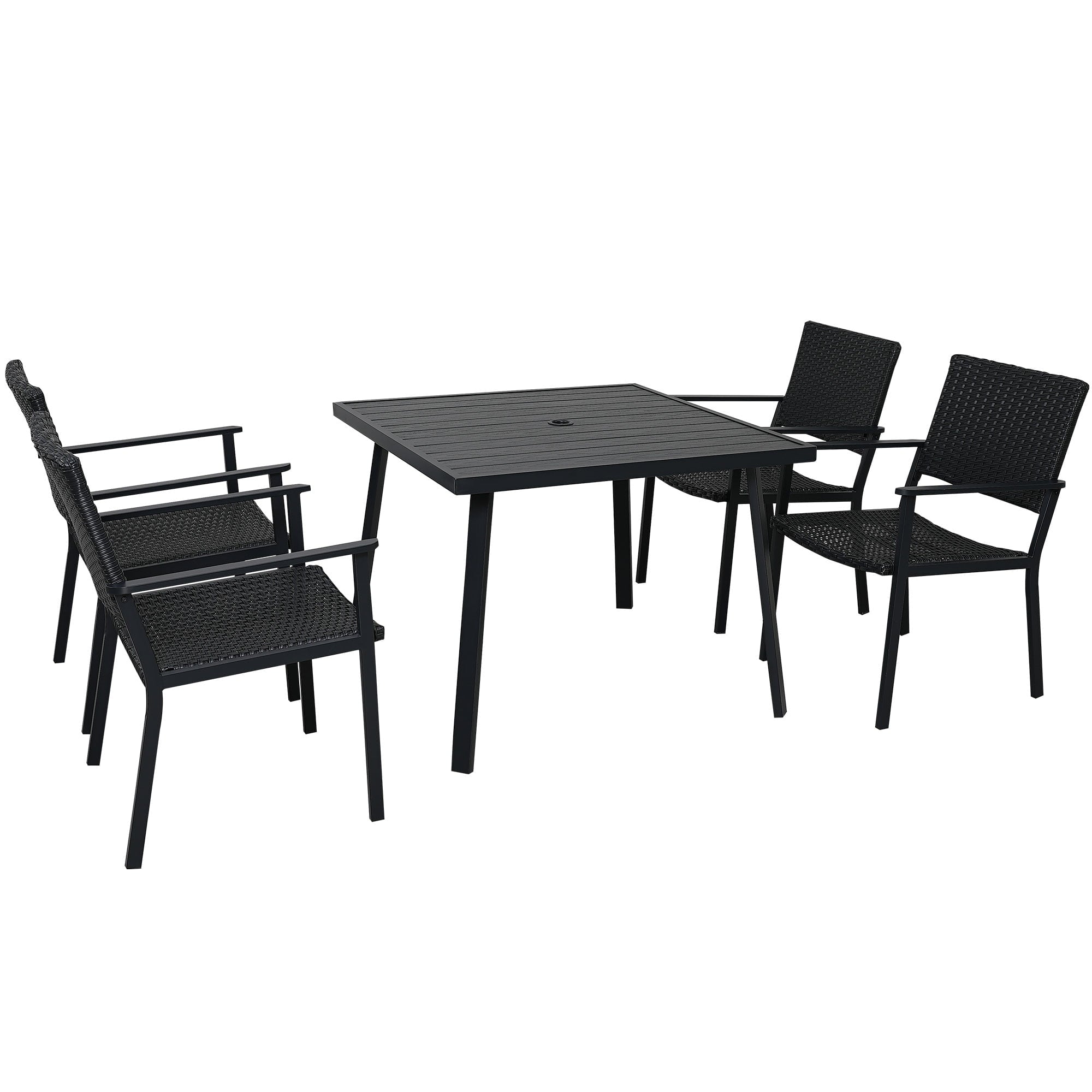 5 Piece Outdoor Patio Dining Sets, BTMWAY Outdoor Dining Table Furniture Set with Umbrella Hole and 4 Dining Chairs, Wicker Patio Furniture Set for Backyard Garden Balcony Deck Yard, Black Rattan