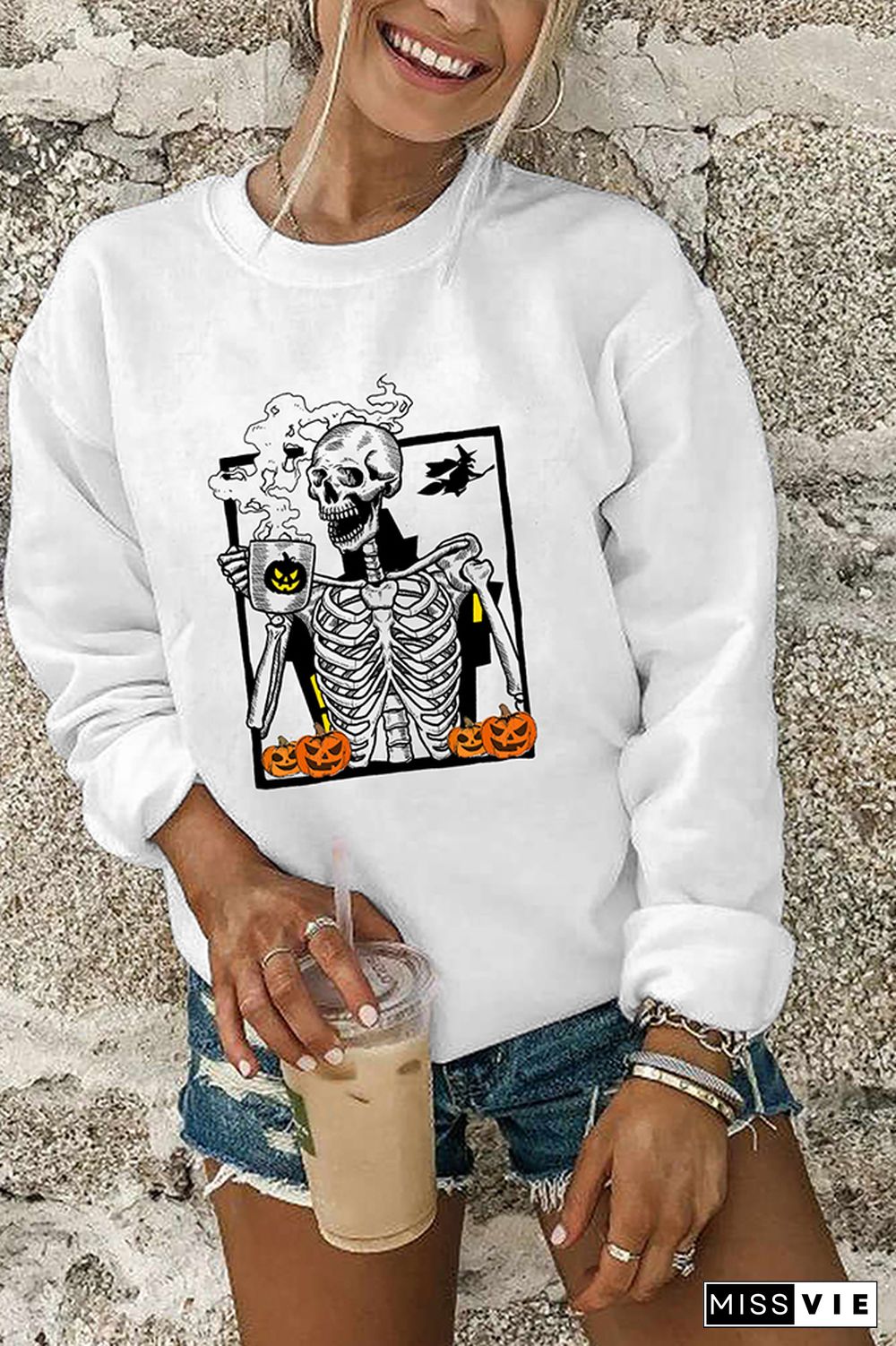 Skeleton and Pumpkin Halloween Crewneck Sweatshirt Wholesale