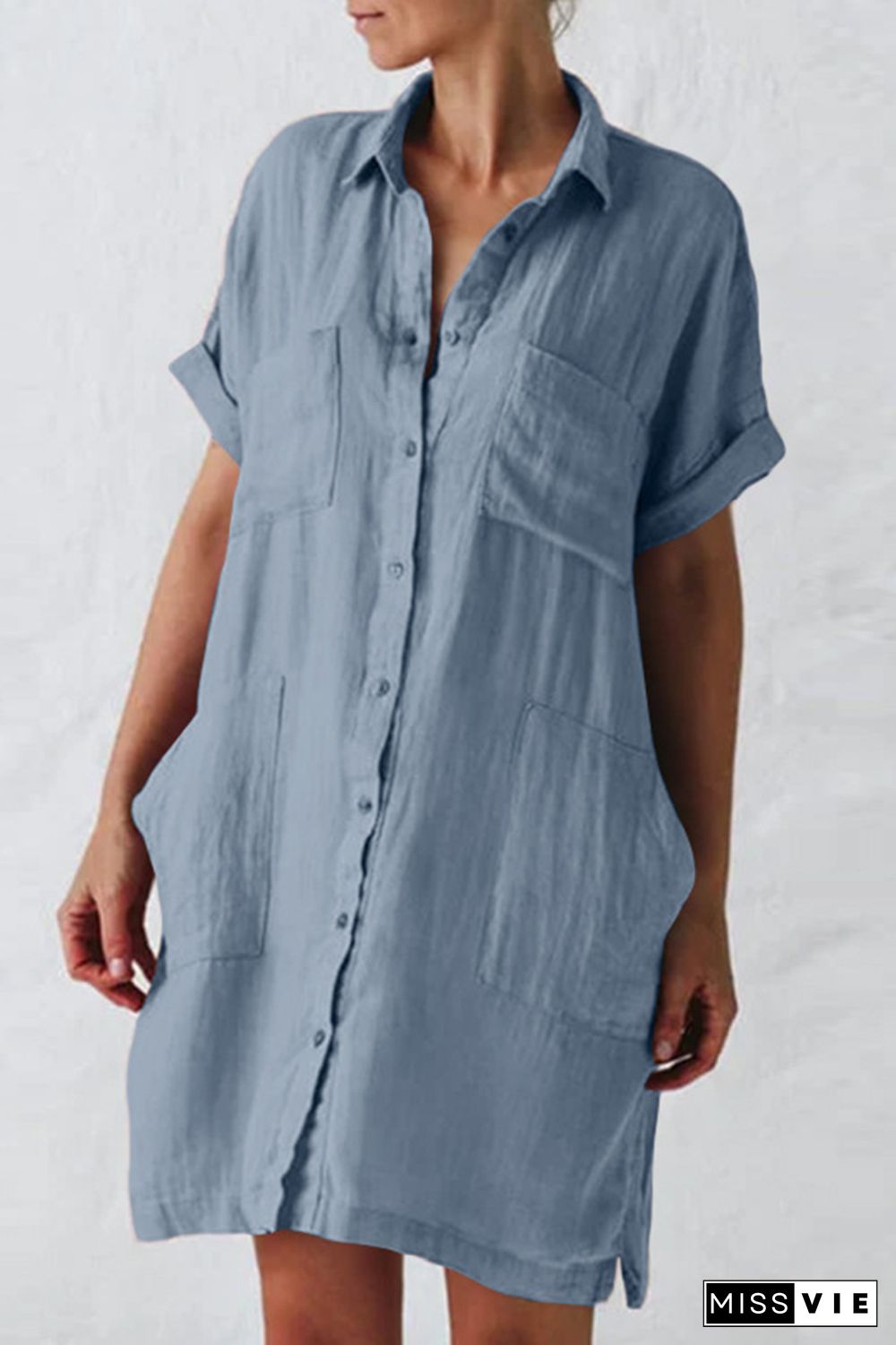 Casual Solid Split Joint Turndown Collar Shirt Dress Dresses(4 colors)