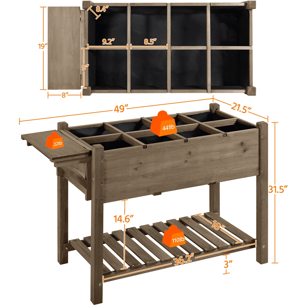 SmileMart Solid Wood Elevated Garden Bed with Fabric Inner Liner & Removable Grow Grids, Brown