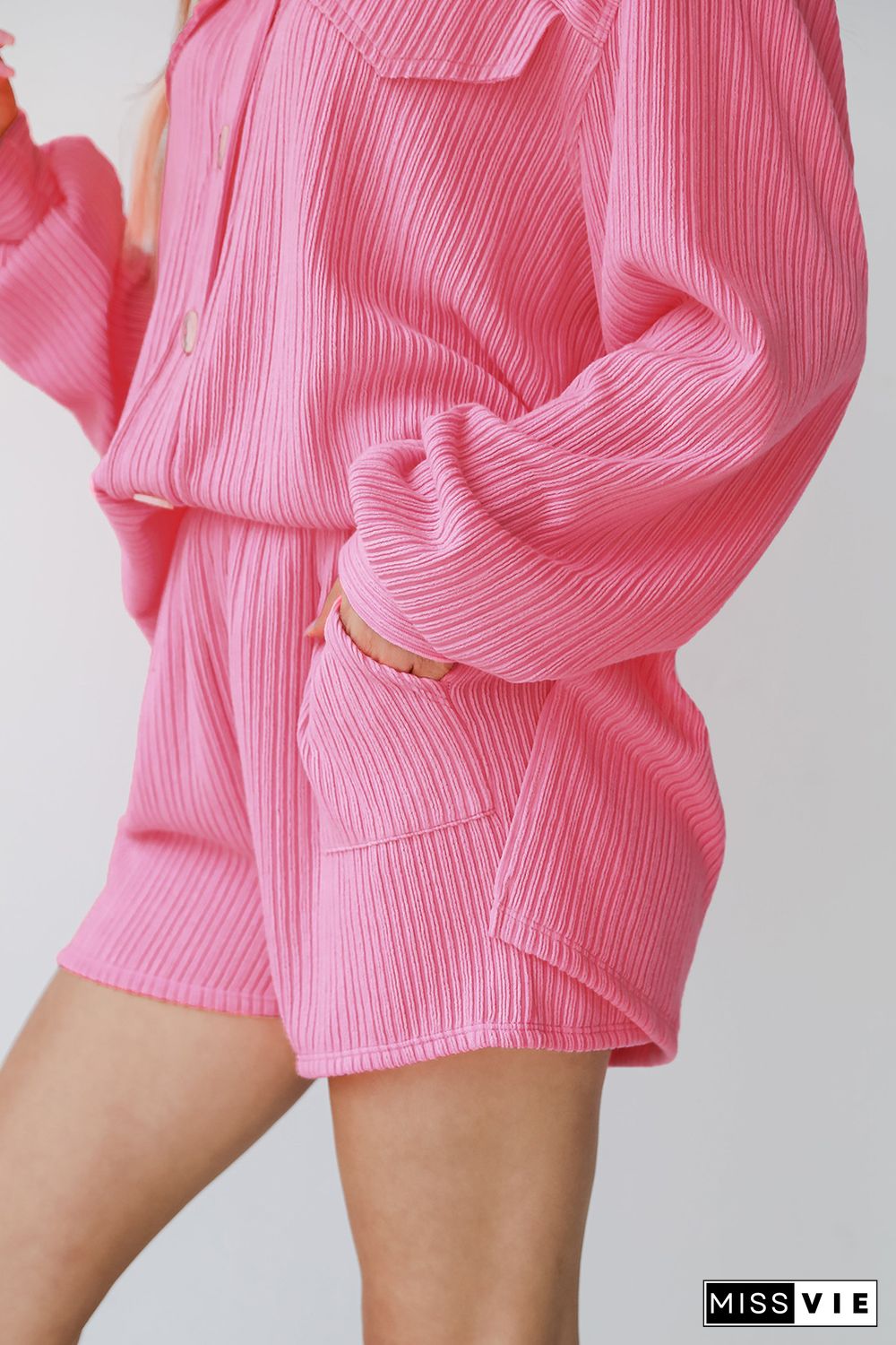 Pink Ribbed Knit Button Top and Shorts Set