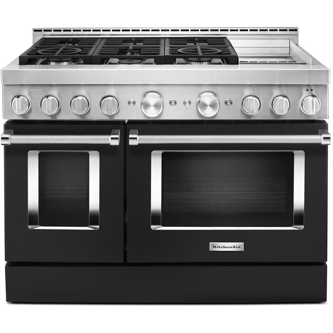 KitchenAid 48-inch Freestanding Gas Range with Even-Heat? True Convection KFGC558JBK