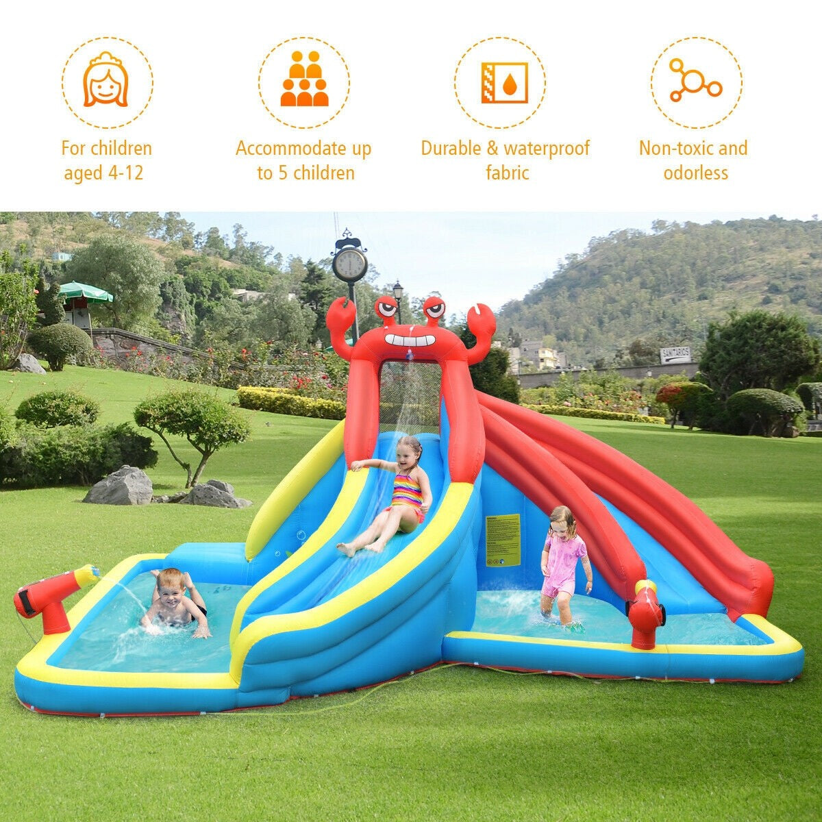 BOUNTECH Inflatable Water Slide | Crab Themed Bouncer Park w/Double Slides