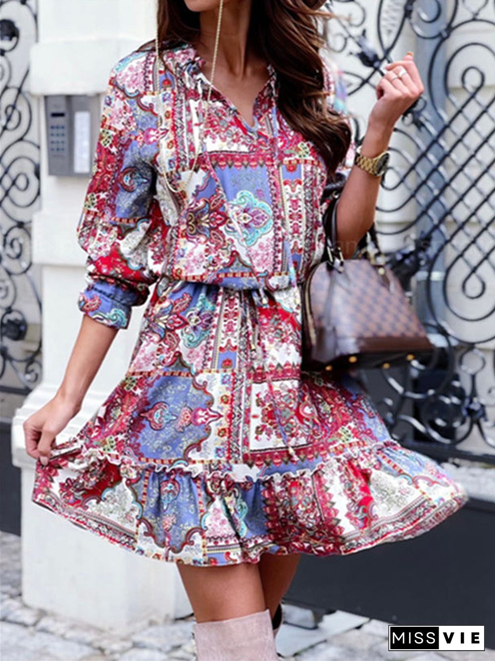 Women's Long Sleeve V-neck Floral Printed Lace-up Midi Dress