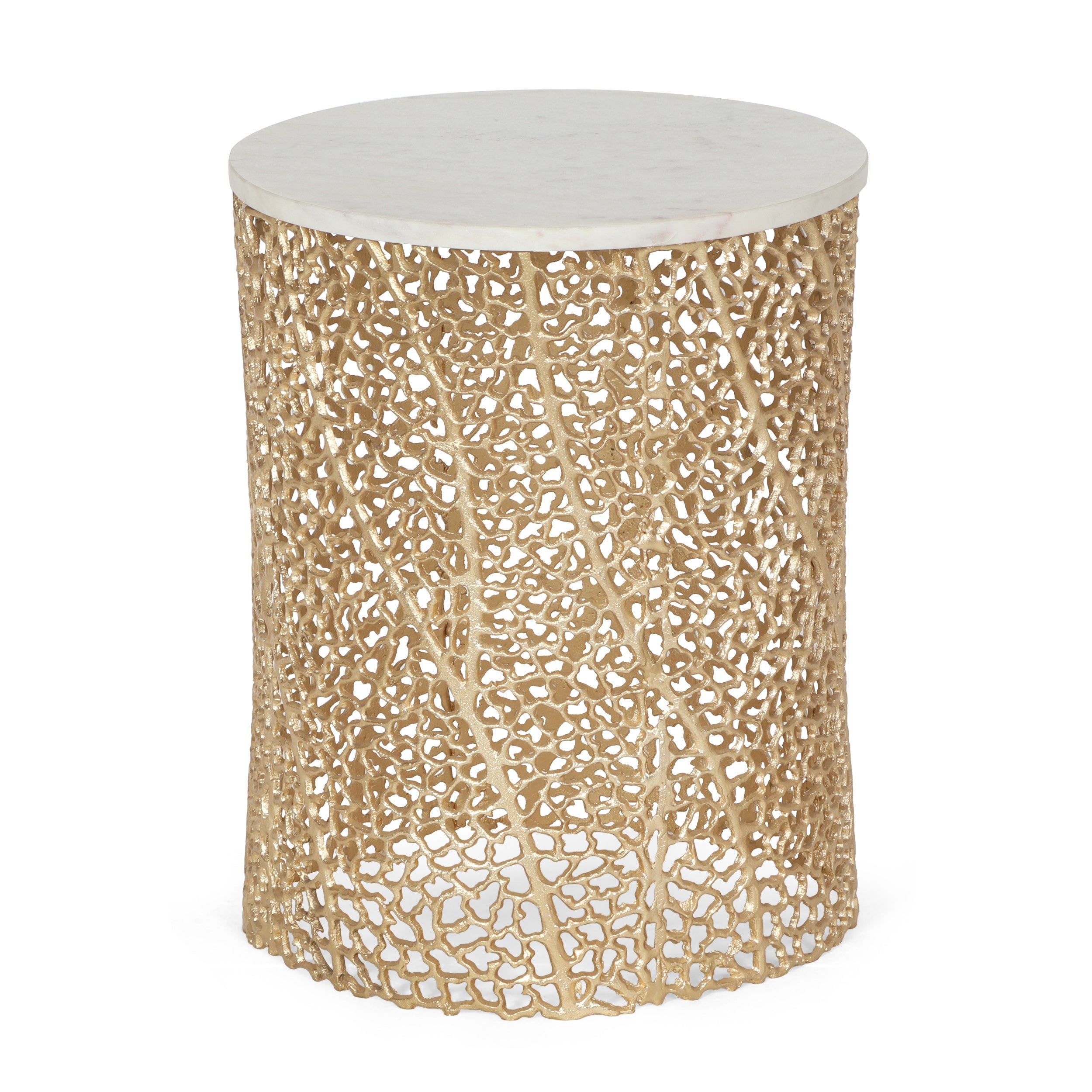 Brinkhaven Modern Glam Handcrafted Aluminum Side Table with Marble Top, White and Gold