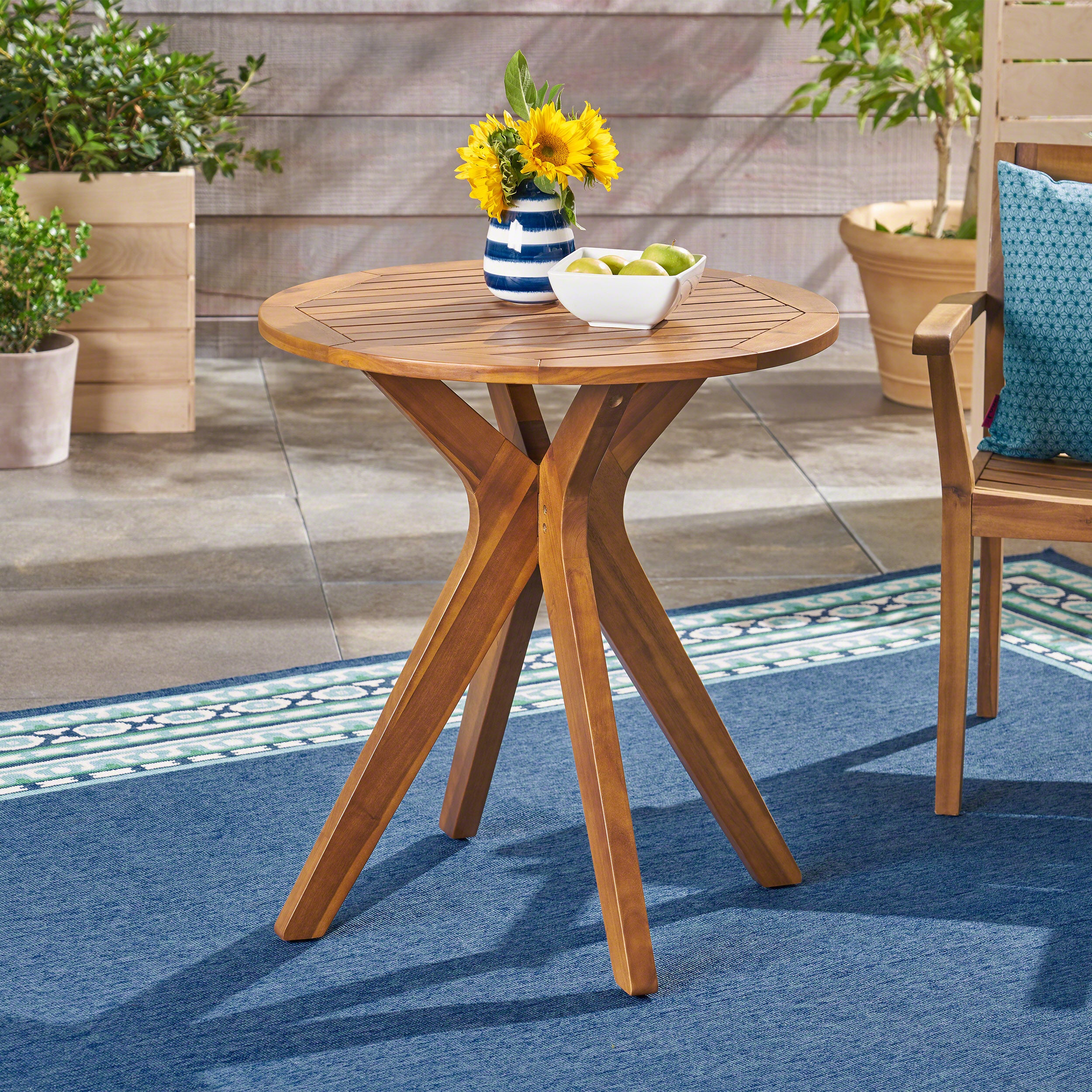 Brigitte Outdoor Round Acacia Wood Bistro Table with X Legs