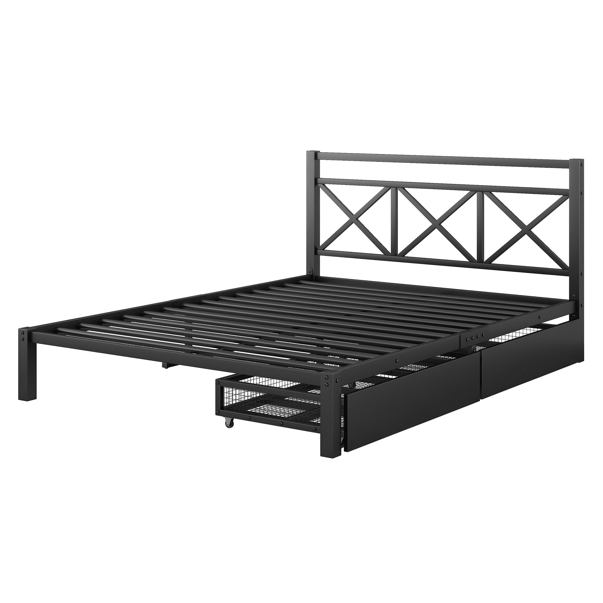 Metal Queen Size Platform Bed with Two Drawers for Living Room, Black