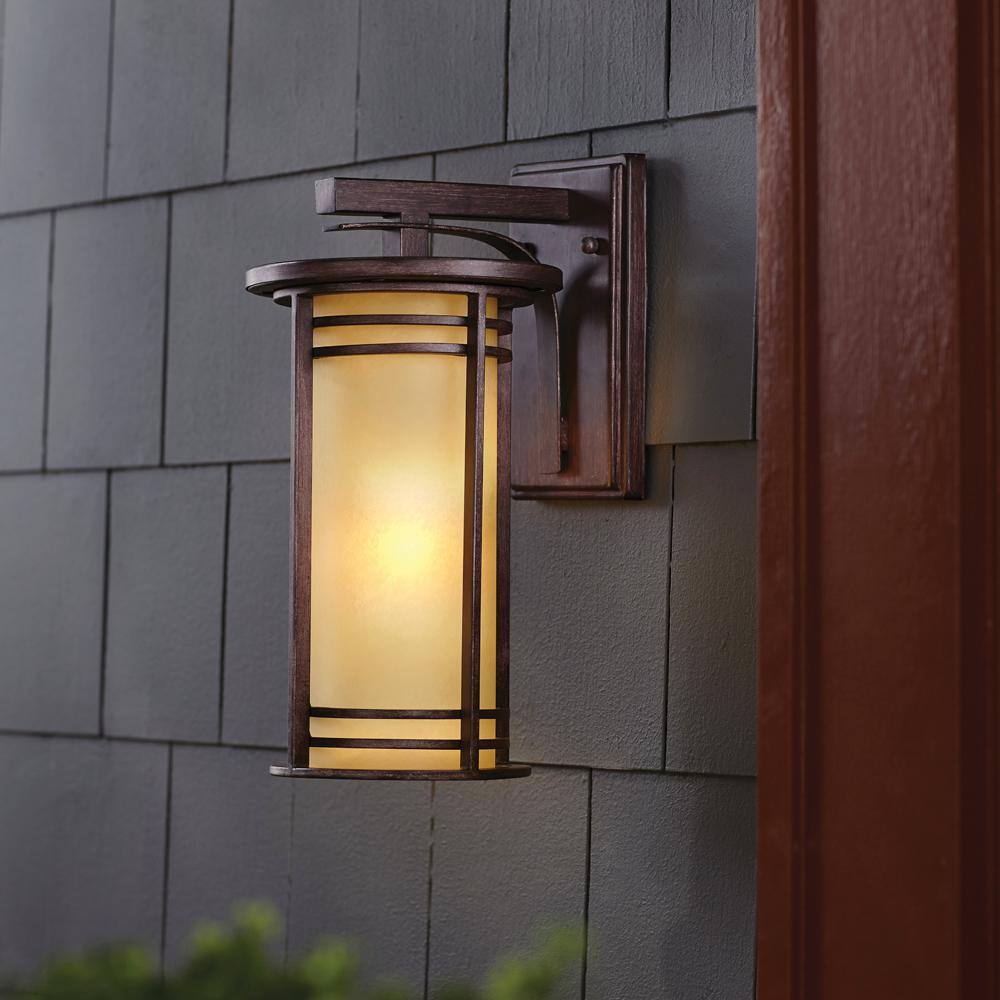 Home Decorators Collection 15 in. 1-Light Bronze Outdoor Wall Lantern Sconce with Amber Glass 16980