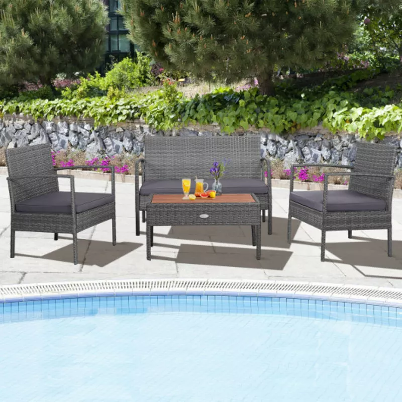 4 Pieces Outdoor Rattan Conversation Set with Comfortable Cushion