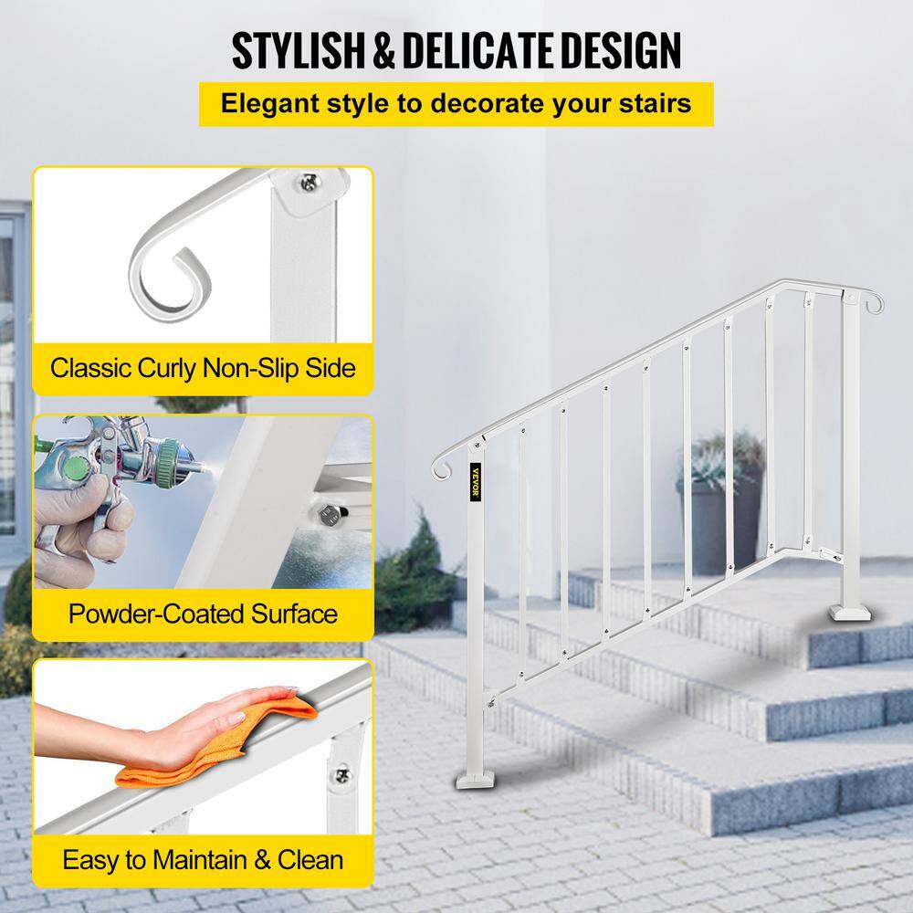 VEVOR 3 ft. Handrails for Outdoor Steps Fit 3 or 4 Steps Outdoor Stair Railing Wrought Iron Handrail with baluster White LTFS3H4BBSTL00001V0