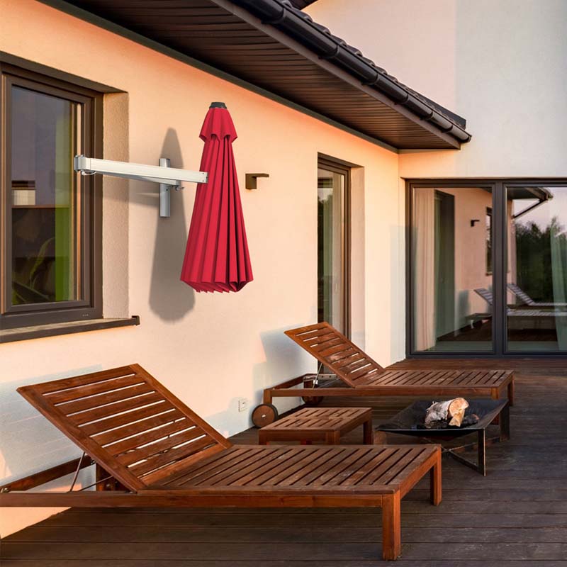 8 FT Patio Wall Mounted Umbrella with Adjustable Pole, Outdoor Tilting Sunshade Umbrella with Wind Vent