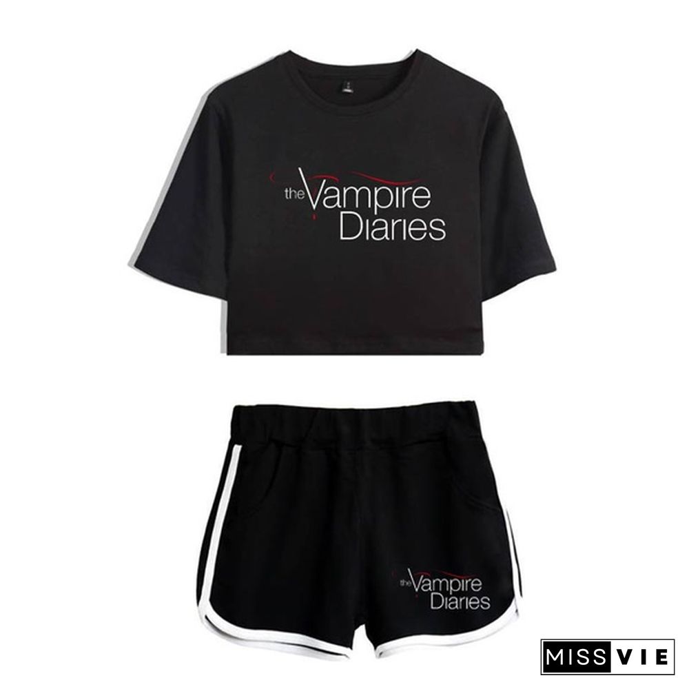 Summer Funny the Vampire Diaries Two Piece Set Summer Harajuku Cotton Print Crop Top T Shirt and Shorts