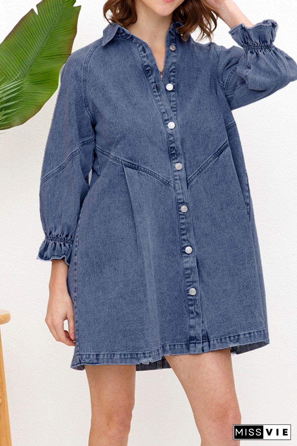 Vintage Washed Puff Sleeve Denim Mini Shirt Dress Wholesale