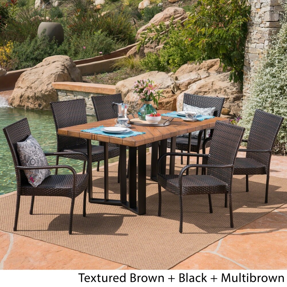 Fossili Outdoor 7 Piece Wicker Dining Set with Textured Dining Table by Christopher Knight Home