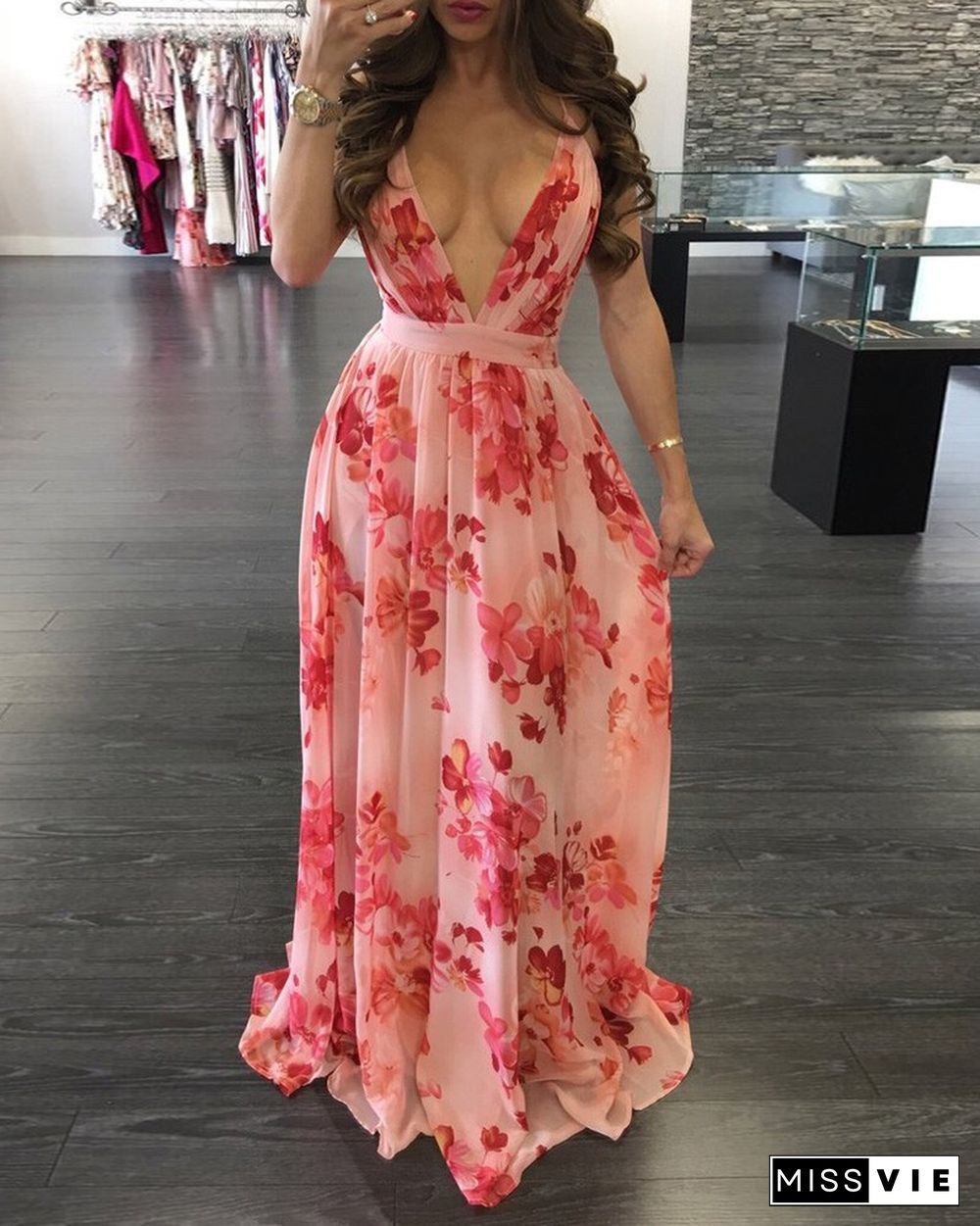 Floral Print Pleated Backless Slip Maxi Dress